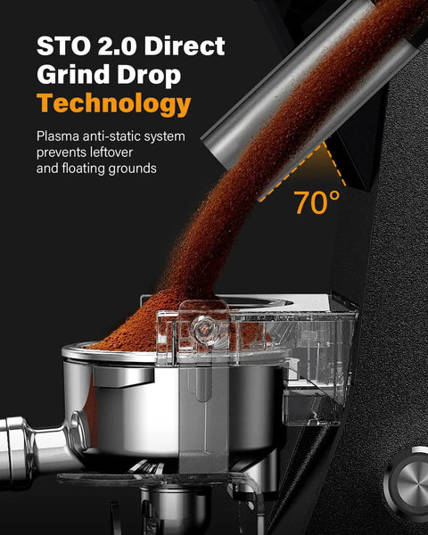 64mm Burr Coffee Grinder For Home Barista Use With Commercial Grade Precision And 100 Grind Settings in use, close-up view