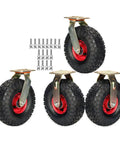 Heavy Duty 10 Inch Pneumatic Caster Wheels With Brakes Set Of Four Pairing Two Swivel And Two Fixed Units with red rim and textured black tire.