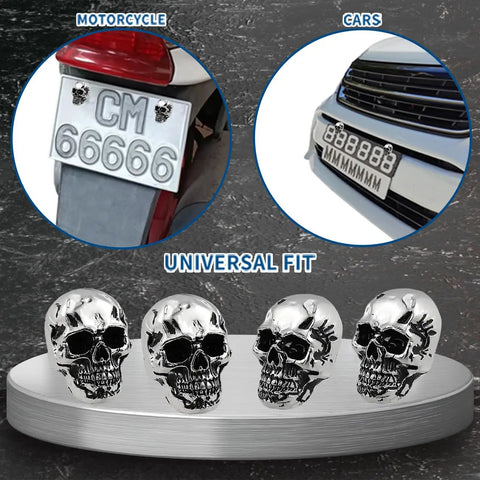 Skull License Plate Screws And Fasteners Kit For Cars Trucks Motorcycles And All Vehicles Aluminum Alloy 4 Pcs Universal Fit Silver Decorative Bolts. Image shows skull bolts on a license plate with universal fit indication.