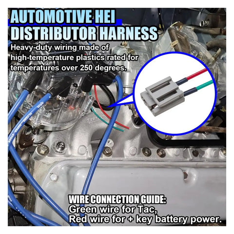 Heavy Duty HEI Distributor Pigtail Wire Harness With Clear Green And Red Tach Meter and 12V Battery Plugs for engine wiring.