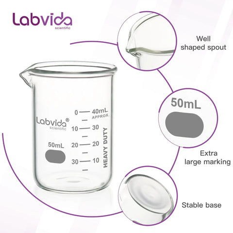 Heavy Duty 50ml Beaker Set Of 5 Thick Walled 3.3 Borosilicate Glass Low Form With Double Scale Graduation featuring spout and marking