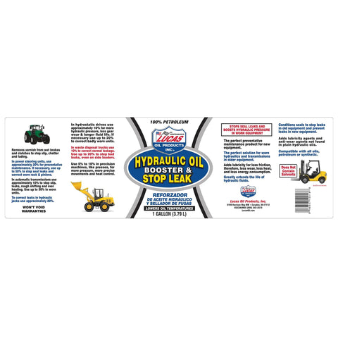 Hydraulic Oil Booster and Stop Leak Additive for Leaky Seals, Wet Brakes and Varnish Build Up label on 1-gallon container