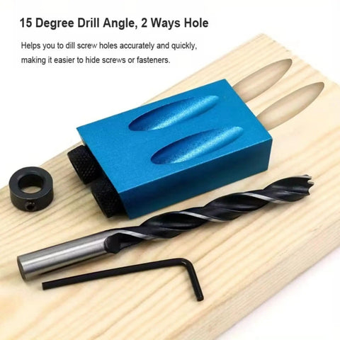 Joint Angle Tool And Pocket Hole Jig Set For Pro Level Carpentry with drill bits, angled fixture, and allen key on wood