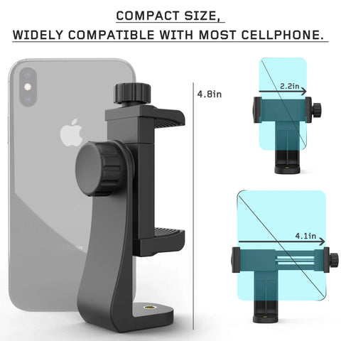 Phone Tripod Mount With Wireless Remote And Adjustable Clamp, 360 Degree Rotating Cell Phone Holder shown with dimensions