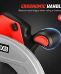 Close-up of ergonomic handle on the Badass Seven Inch Brushless Cordless Circular Saw Runs Smooth As Glass At Eight Thousand Rpm.