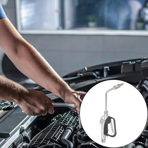 Rijdaua Super Compact Air-Powered Fluid Transfer Pump With Leakproof Nozzle for Lubricants and Oil Control, in use on a car engine.