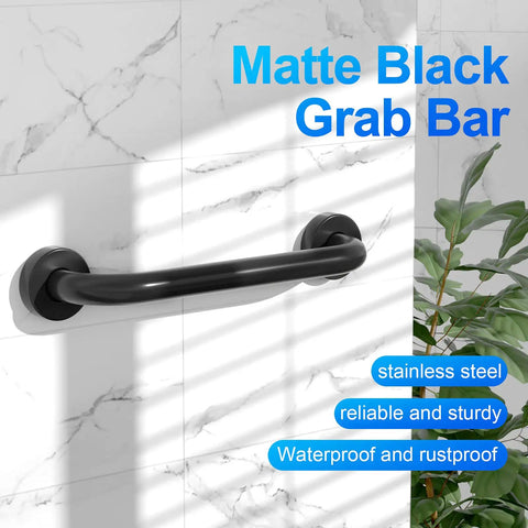 Matte Black Shower Grab Bar 12 Inch One Inch Diameter Heavy Duty Stainless Steel Safety Handle Wall Mounted No Slip Grip
