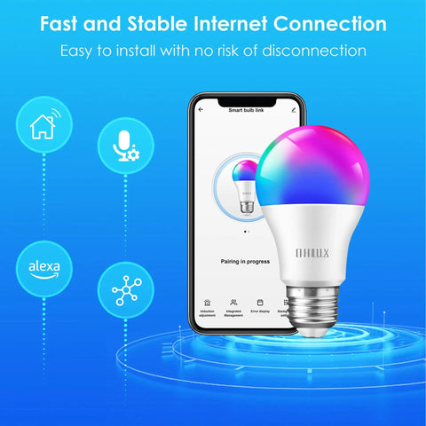 Smart WiFi And Bluetooth Color Changing LED Bulbs With Music Sync, 10W, A19 E26 900LM shown with smartphone app control