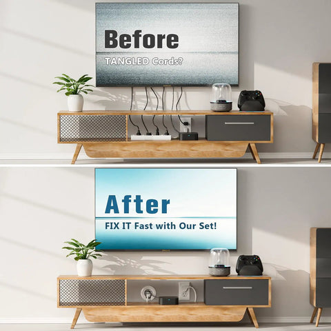 Before and after using In Wall Cable Management Kit No Mess Wires Hiding Power And Low Voltage Cables With Hole Saw Drill For Easy TV Mounting Cord Hider.