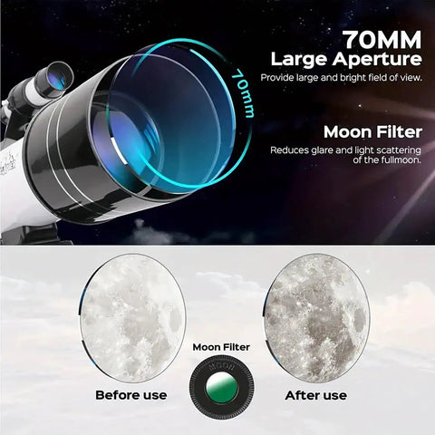 High Powered 150X Portable Telescope With 70mm Aperture HD Refractor showing lens and moon filter effectiveness