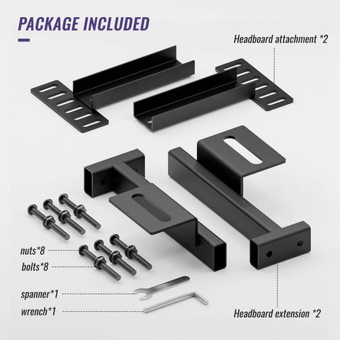 Adjustable Headboard Brackets Metal Bed Frame Wall Mounts With Footboard Extension Kit parts including black steel attachments and hardware.