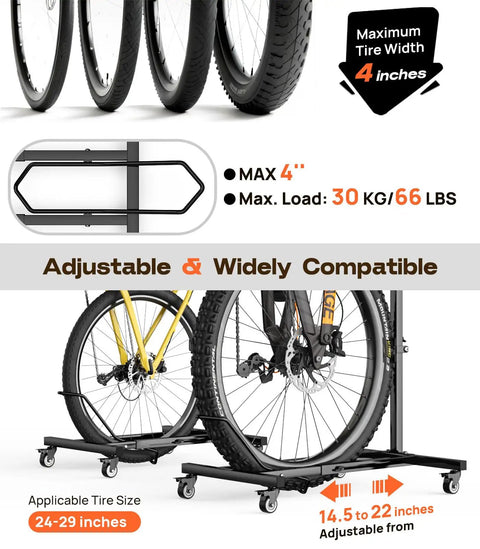 Freestanding Bike Stand With 360 Degree Lockable Wheels, Adjustable Height For Bikes Up To 29 Inches, No Drilling Needed