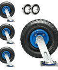 Set Of Four Heavy Duty Pneumatic Swivel Casters With 8 Or 10 Inch Natural Rubber Tires For Industrial Carts showing wheels and steel brackets.