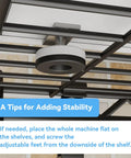 Close-up of adjustable feet on Upgraded Heavy Duty Adjustable Washer Dryer Stacking Rack For Tight Laundry Spaces And Compact Apartments.