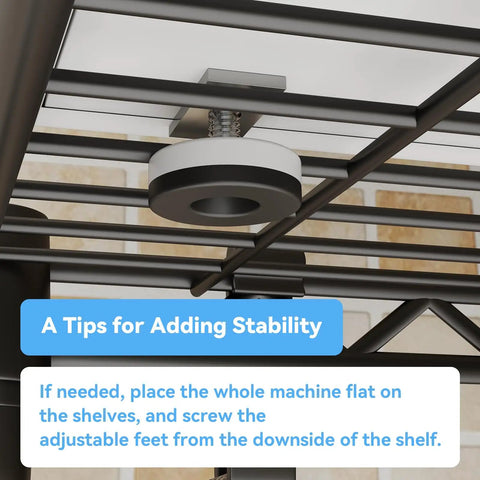 Close-up of adjustable feet on Upgraded Heavy Duty Adjustable Washer Dryer Stacking Rack For Tight Laundry Spaces And Compact Apartments.