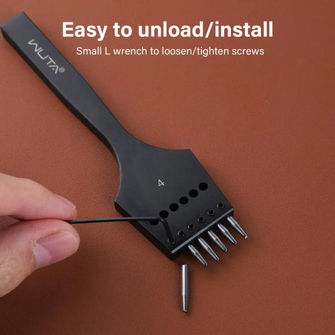 2nd Generation Leather Hole Punch Kit With Removable Circle Punch For Lacing And Stitching, showing tool removal with L wrench