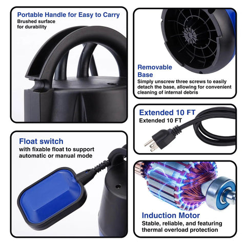 Heavy Duty Submersible Sump Pump With Automatic Float Switch, 1Hp Portable Utility Water Pump with handle, float switch, and 10 ft cord.