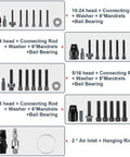 Components of Pneumatic Rivet Nut Gun Kit With Self Locking Head And Adjustable Speed, Four Size Quick Change Heads For 10-24 1/4 5/16 3/8, Mandrels Included For Each Size displayed