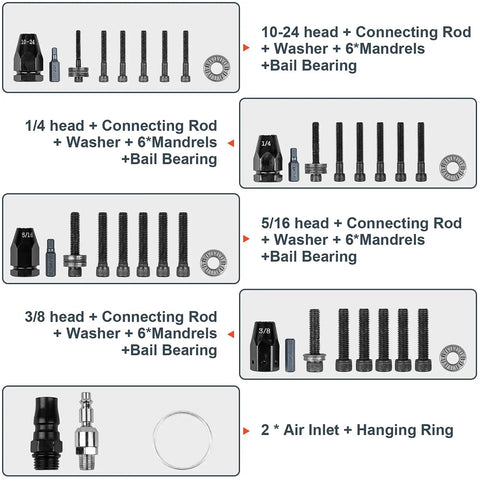 Components of Pneumatic Rivet Nut Gun Kit With Self Locking Head And Adjustable Speed, Four Size Quick Change Heads For 10-24 1/4 5/16 3/8, Mandrels Included For Each Size displayed
