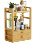 Bamboo Bathroom Countertop Organizer With 2 Tier Makeup Storage And 2 Drawers, holding skincare products and plant, vanity shelf.