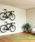 Two bikes mounted on Wood Bike Wall Mount With Shelf and Hooks, All In One Road Bike Storage Rack for Helmets, Shoes, Gloves, Goggles, and Gear