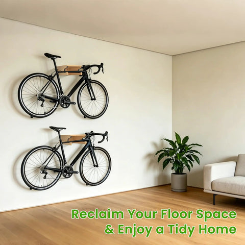 Two bikes mounted on Wood Bike Wall Mount With Shelf and Hooks, All In One Road Bike Storage Rack for Helmets, Shoes, Gloves, Goggles, and Gear