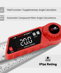 Rock Solid Digital Angle Finder With Built In Miter And Bevel Calculator 7 Inch LCD Screen shows a red digital protractor gauge on a ruler.