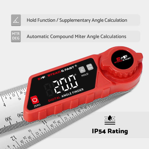 Rock Solid Digital Angle Finder With Built In Miter And Bevel Calculator 7 Inch LCD Screen shows a red digital protractor gauge on a ruler.