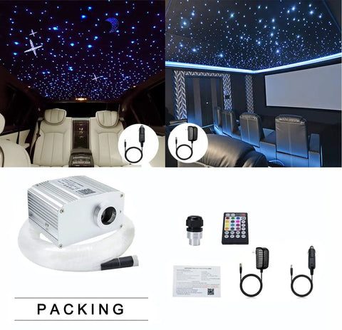 Bluetooth 10W Twinkle Fiber Optic Star Ceiling Light Kit With 550 Fibers showing installation in car and home theater, with accessories.