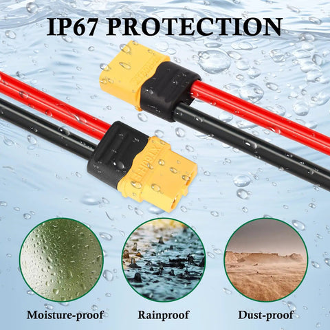 12 AWG XT60 Extension Cable 3 Feet 2 Pack XT60 To XT60 With Male To Female Connectors showing waterproof protection