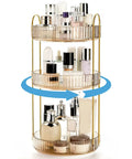 360 Smooth Spin 3 Tier Makeup Organizer For Bathroom Counter Or Vanity Styling Large Capacity with perfumes and skincare products, golden rack.