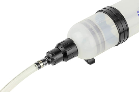 Close-up of Mityvac MVA6852 1.5L fluid evacuator syringe with twist-valve and hose