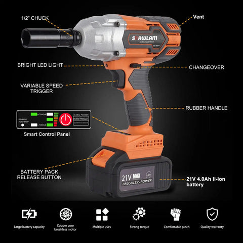 Beast Cordless 1/2-Inch Impact Wrench Kit With 21V Turbo Power, highlighting LED light, rubber handle, and control panel