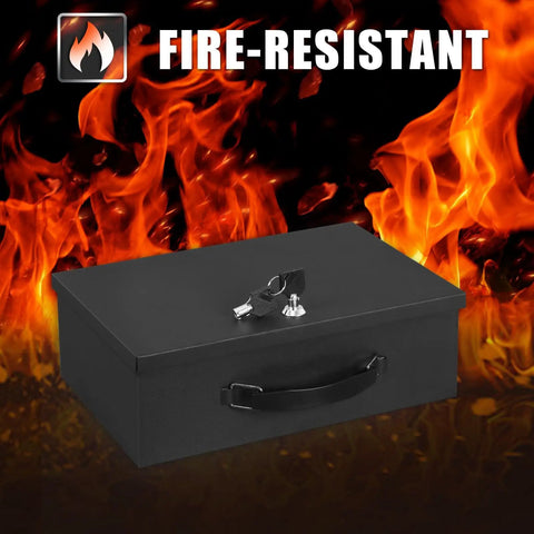 Fire Resistant Safe Box With Key Lock For Home Office Security shown amidst flames
