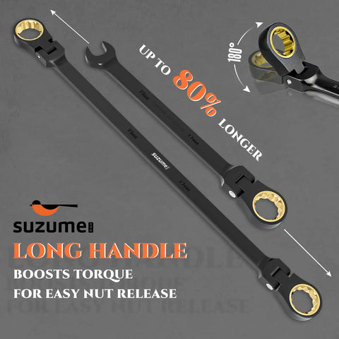 Extra Long Flex Head Ratcheting Wrench Set Six Piece Hella Tough For Tight Engine Bays 8-19mm Double Box End 180 Degree Adjustable Head
