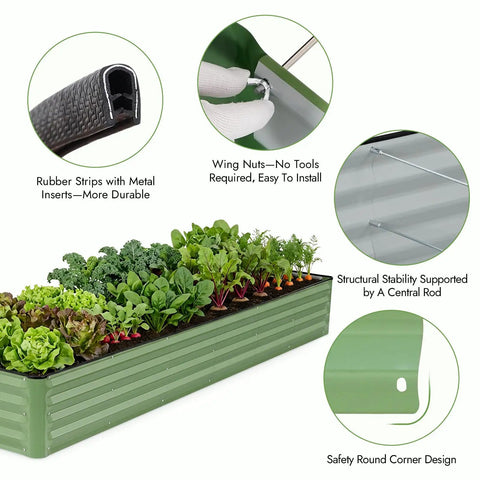 Galvanized Raised Garden Bed Kit 8x2x1 Ft Outdoor Metal Planter Box Olive Green Heavy Duty With Gloves For Vegetables And Flowers