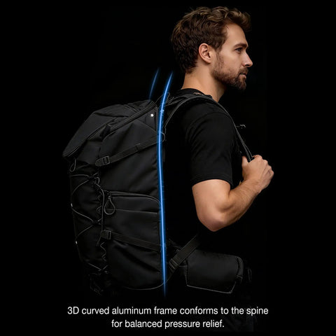 Man carrying 35L Camera Backpack For Photographers And Videographers, Built Tough Rugged Outdoor Gear Bag With 3D curved aluminum frame.