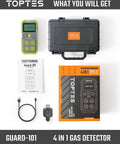 Guard 101 Four Gas Monitor And Detector For H2S CO LEL And O2 with case, manual, charger, and clip, displayed on white surface.