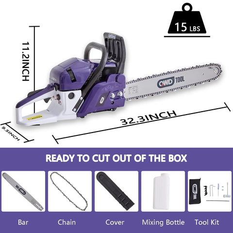 Heavy Duty Gas Chainsaw With 61.5cc Two-Stroke Engine Delivers 3.8HP, Quick Start System, 18 Inch Bar includes accessories