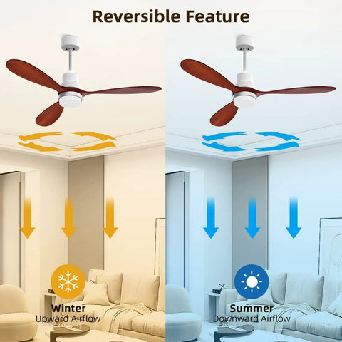 Reversible 52 Inch Ceiling Fan With Lights Remote Control Quiet DC Motor Outdoor Patio Fan showing summer and winter modes