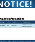 Table indicating fitment information for 2014-2020 Jeep Cherokee models with off-road suspension, option code SDJ.