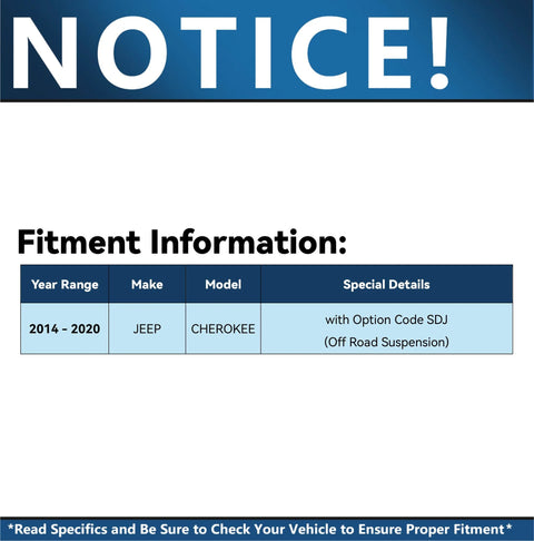 Table indicating fitment information for 2014-2020 Jeep Cherokee models with off-road suspension, option code SDJ.