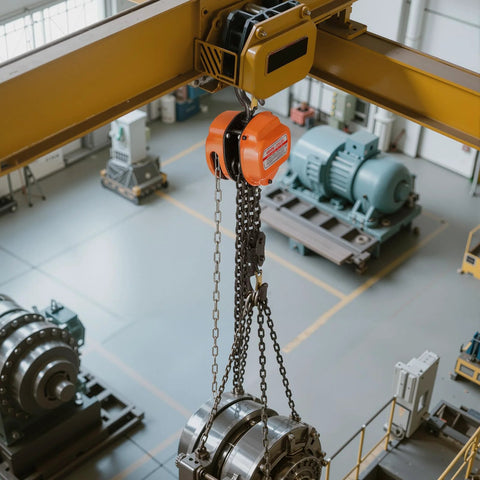 Orange hand chain hoist, 3-ton capacity, installed on yellow overhead beam with steel chain
