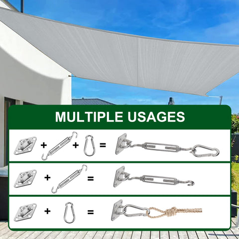 Diagram showing multiple uses of 80 Piece Shade Sail Hardware Kit For 6 Inch Components, ideal for triangle or rectangle installations.