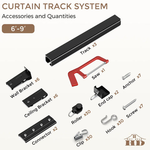 Heavy Duty Ceiling And Wall Mount Curtain Track System For 6 To 9 Ft Black Finish With Quiet Glide Rollers 30 Hooks 30 Clips 30 Rollers Room Divider For Living Room Bathroom Or Hospital Boss Level Quiet Glide components layout