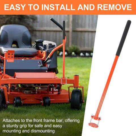 Mower Mount Assist Handle Kit with Grab Handle for Bad Boy Mowers Fits MZ MZ Magnum Avenger ZT ZT Elite CZT Outlaw Maverik Diesel and Compact Diesel Models in orange, installed on mower.