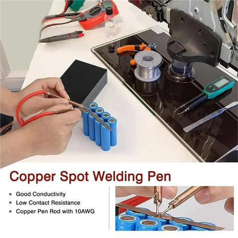 Mini Touch Spot Welder Kit For Home Projects being used on blue battery cells with copper spot welding pen on a workshop table.