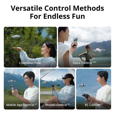 People using 4K Camera Drone Bundle With Intelligent Flight Battery And Carrying Bag Foldable FPV GPS Drone For Adults Beginners And Pros Ultra Portable Go To Travel Companion For Cinema Quality Aerial Shots with various control methods.