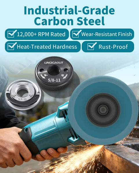 2 Pack 5/8-11 Angle Grinder Flange Nuts With Tool Free Quick Change Locking Kit shown in use on angle grinder with sparks.
