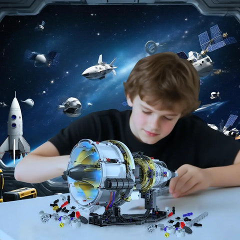 Boy assembling Jet Turbofan Engine Model Kit That Runs With App Control, Realistic Motor, Lighting Effects, 564 Plus Pieces